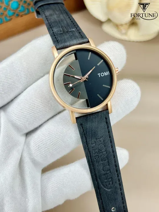 Men's Black Leather Round Dial Watch 20mm