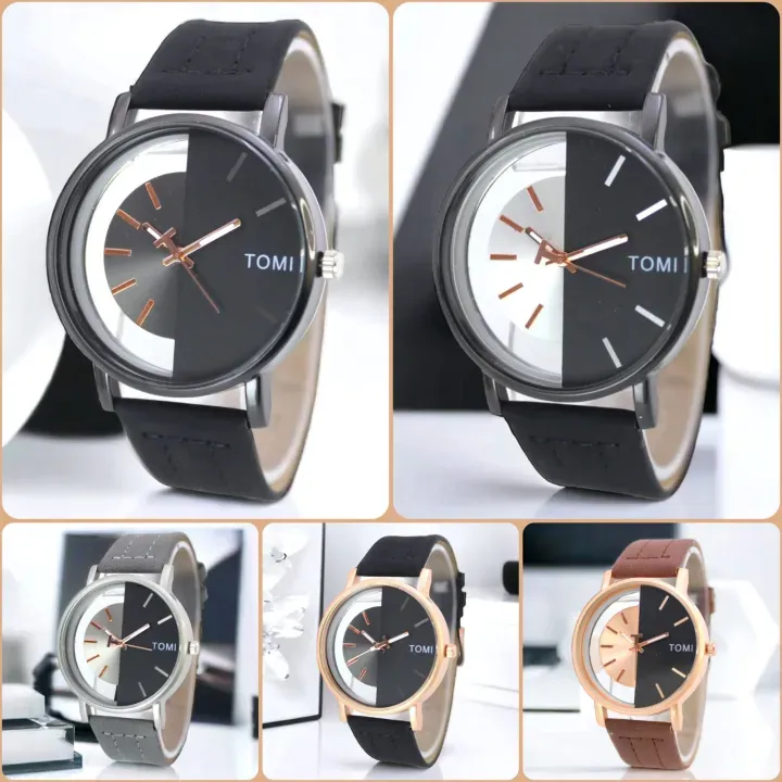 Men's Black Leather Round Dial Watch 20mm