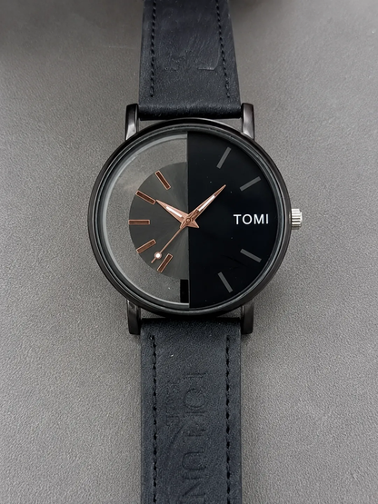 Men's Black Leather Round Dial Watch 20mm