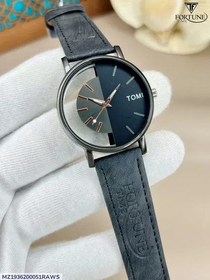 Men's Black Leather Round Dial Watch 20mm